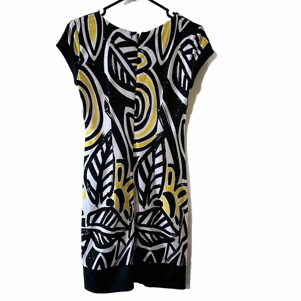 Cache‎ Black White Yellow Leaf Short Sheath Lined Dress Sequin Size 4 *READ* - Picture 5 of 12